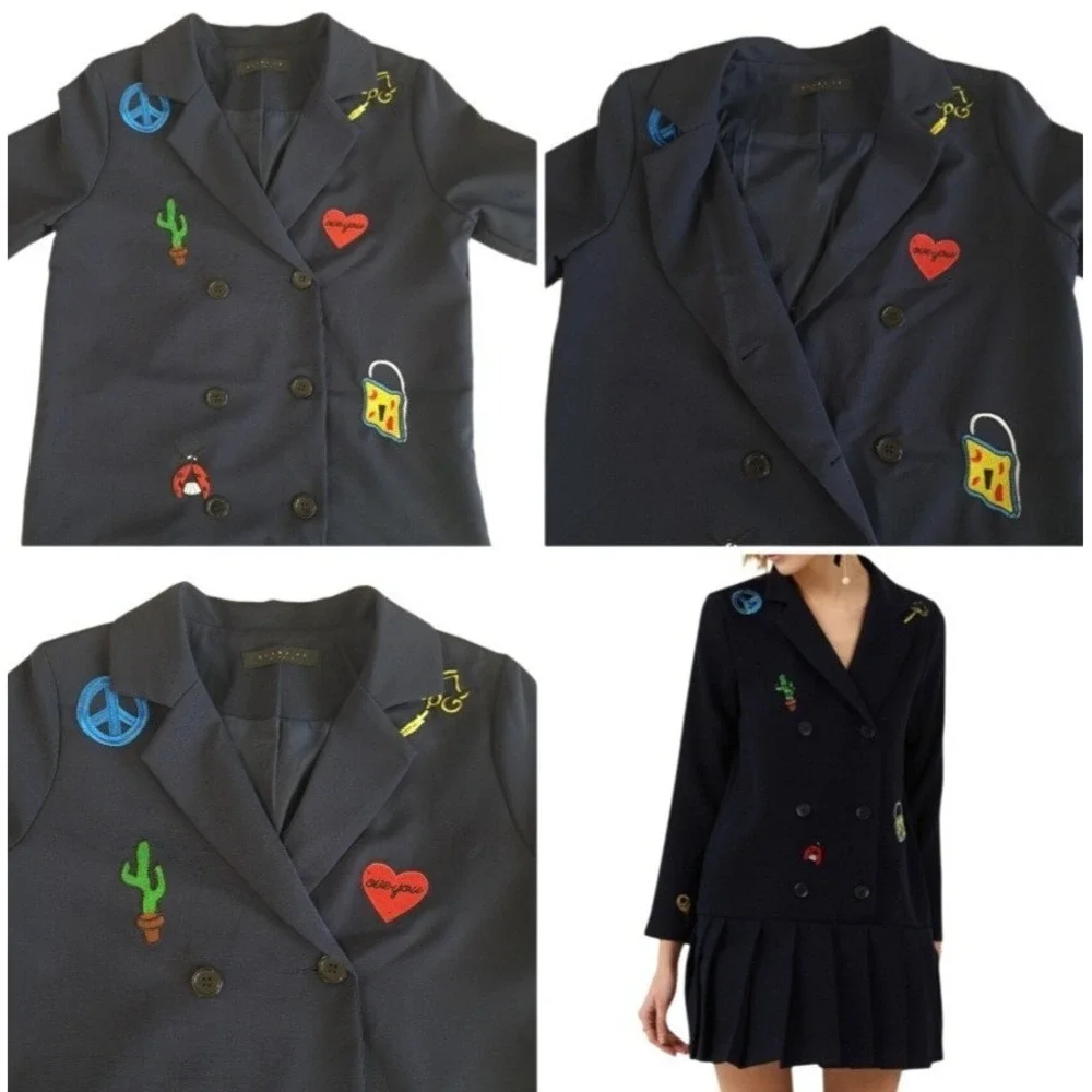 Blanc Jo Studio Blazer‎ Dress Medium Blue Embroidered Double Breasted Pleated